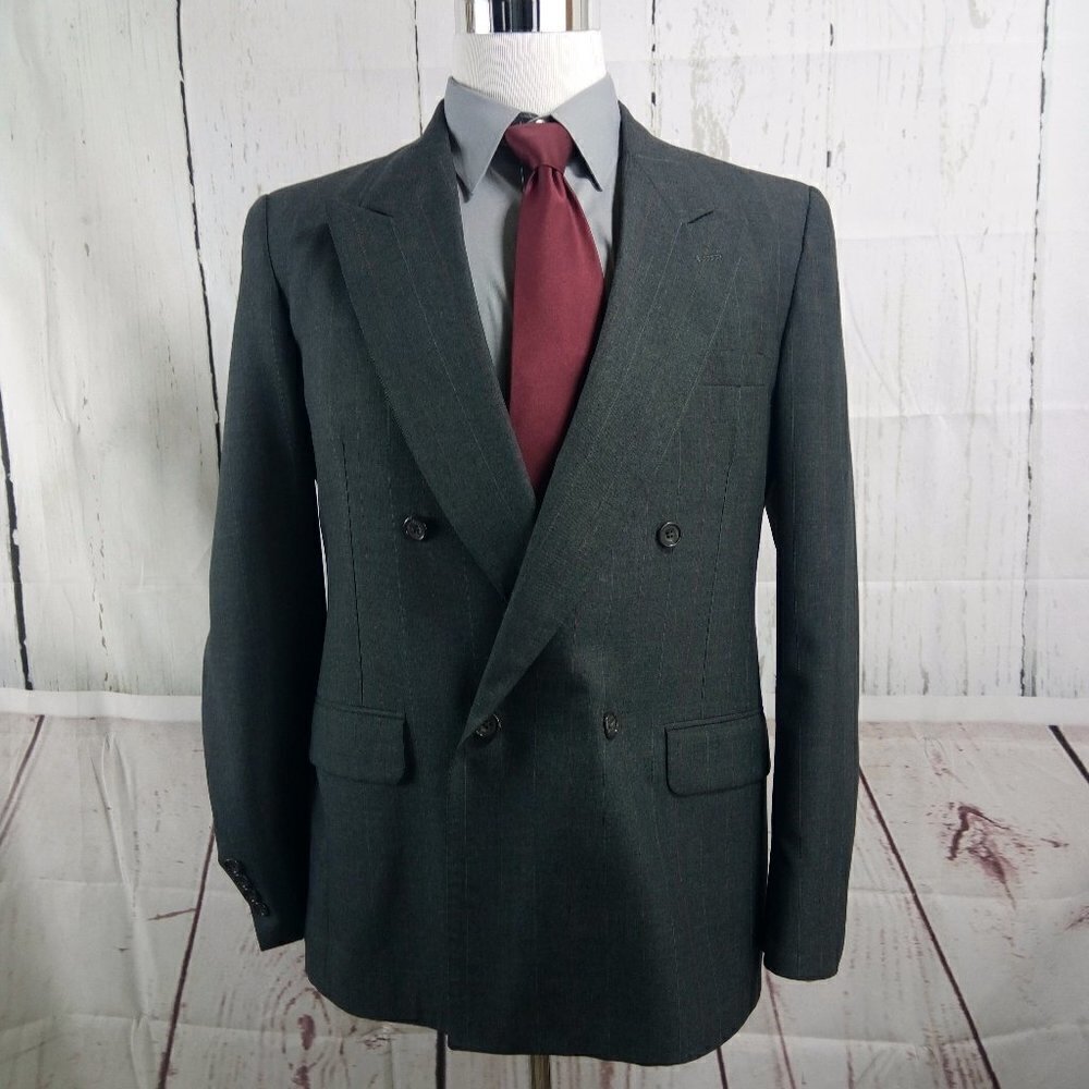 Evan Picone 41R 2 Button Double Breasted Dk Gray Striped Suit Blazer Sport Coat